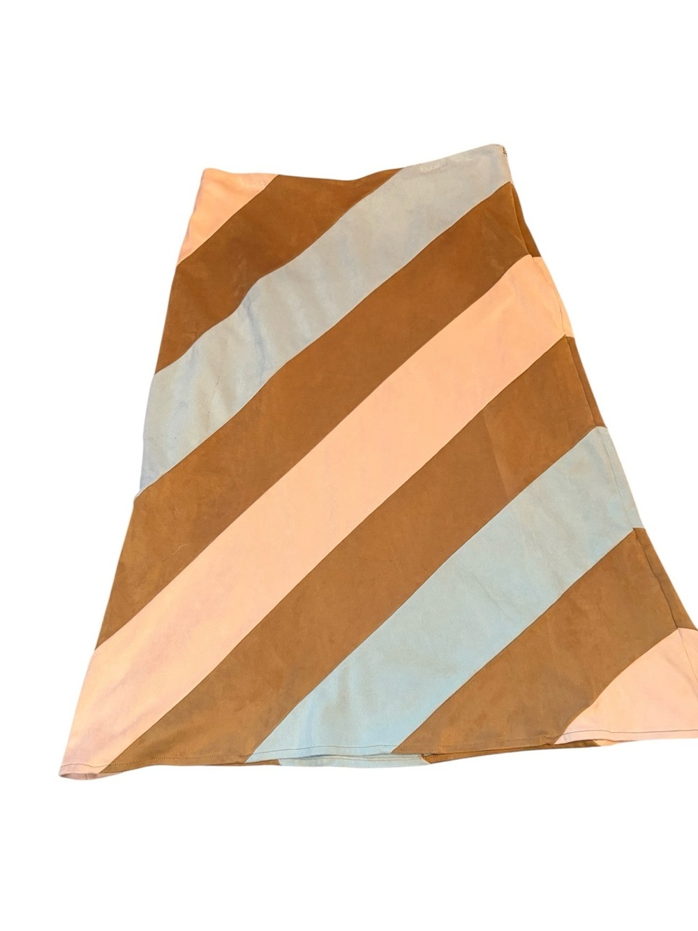 Italian Striped Ultra Suede Midi Skirt in Tan, Pink & Light Blue